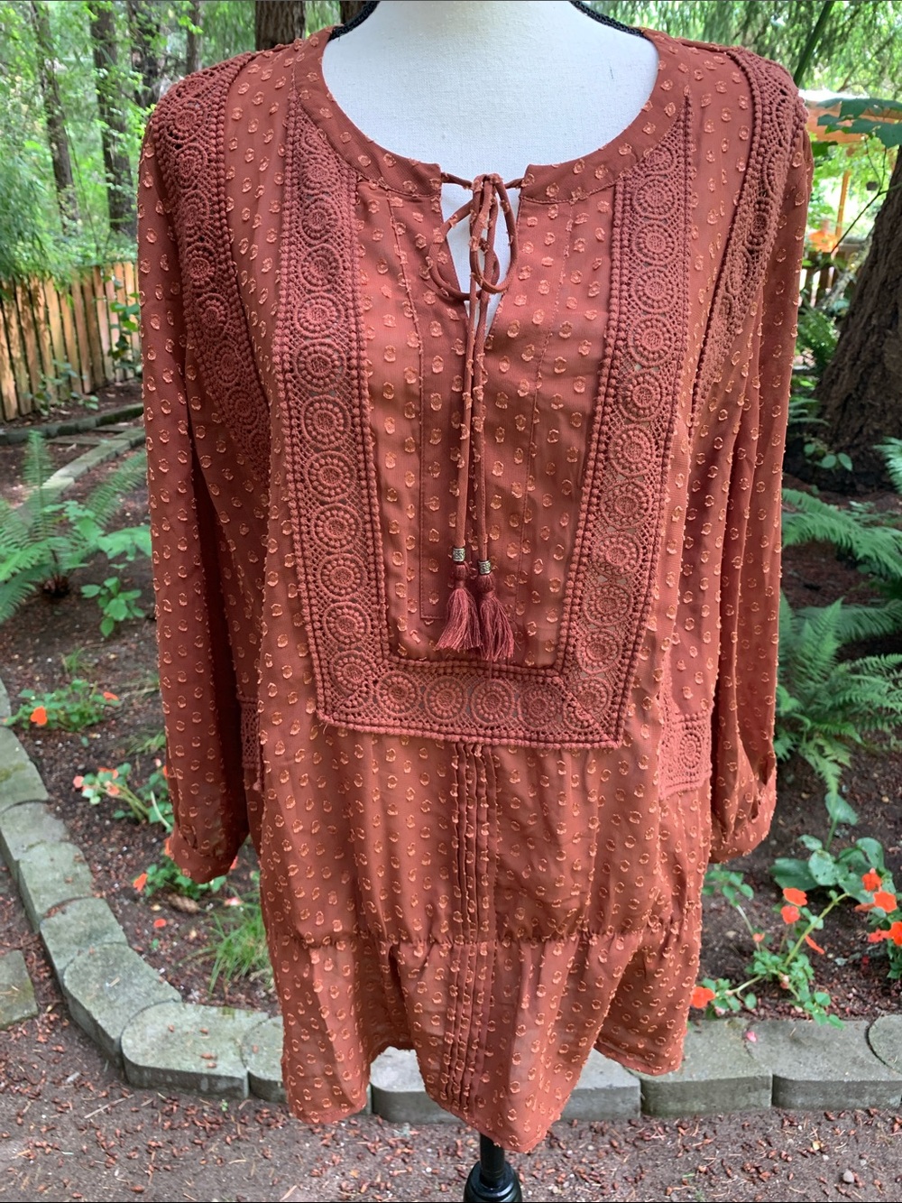 DR2 Rust Embroidered Peasant Tunic with Tassel Tie
